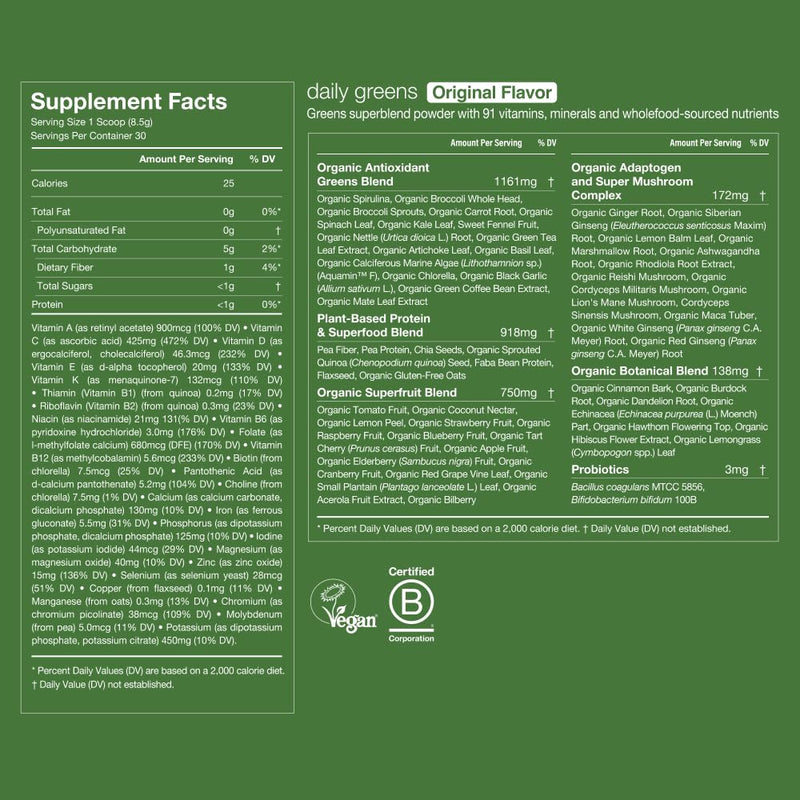 Huel Daily Greens | Superfood Greens Powder with 91 Vitamins & Minerals, Probiotics, Adaptogens | 30 Servings