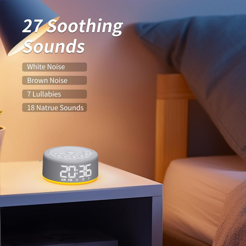 Hushing 3-in-1 White Noise Machine — 27 Sleep Sounds, 30 Wake-Up Sounds, 12-Color Night Light, Digital Clock