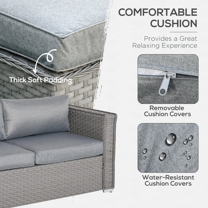 5 PCs Rattan Wicker Corner Sofa Set Tea Table Footstool & Cushion - Grey