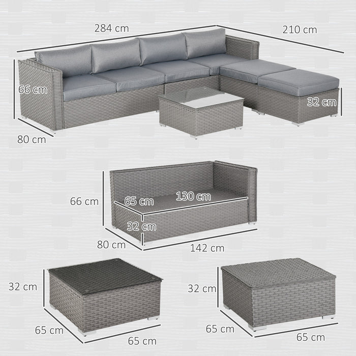 5 PCs Rattan Wicker Corner Sofa Set Tea Table Footstool & Cushion - Grey