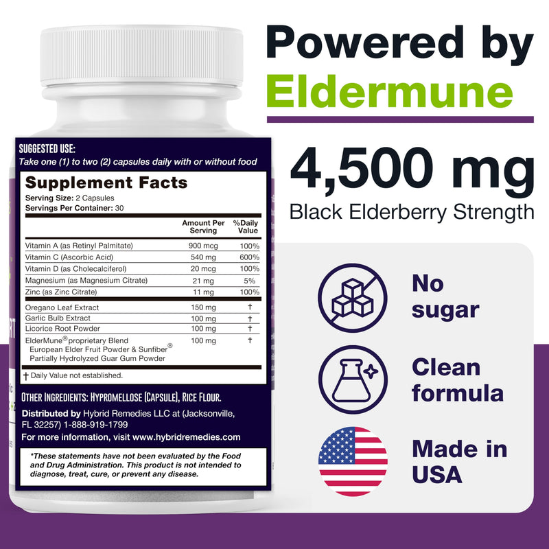 HybridEB Sambucus Elderberry Immune Support with Vitamin C, Zinc, D3 – 60 Capsules