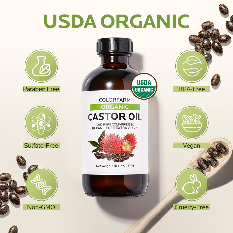 Cold Pressed Organic Castor Oil: Nourishing Hair and Skin - 100% Pure and Unrefined, Hexane-Free, USDA Organic, 8 fl oz