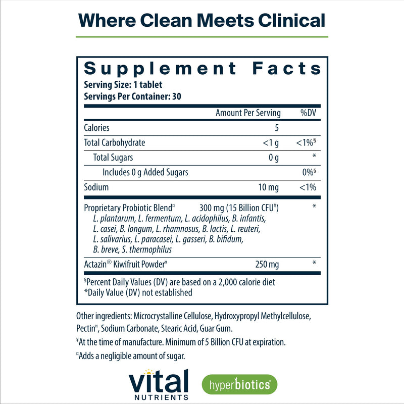 Hyperbiotics Vital Nutrients Pro-15 Probiotics – 15 Strains + Kiwifruit | 30 Vegan Tablets