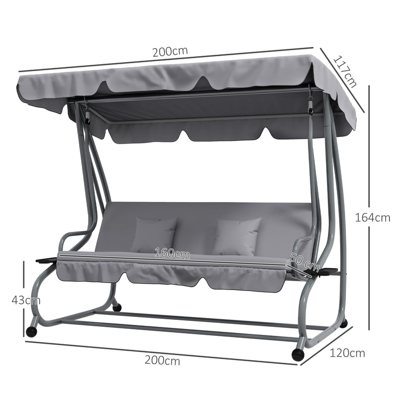 Outsunny 2-in-1 Garden Swing Chair for 3 Person w/ Adjustable Canopy, Grey