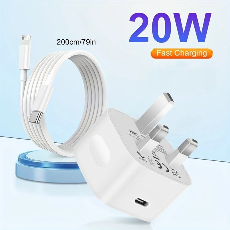20W USB Fast Charger Power Adapter Plug & Long Lightning Cable for Apple iPhone – Quick Charging Data Cable