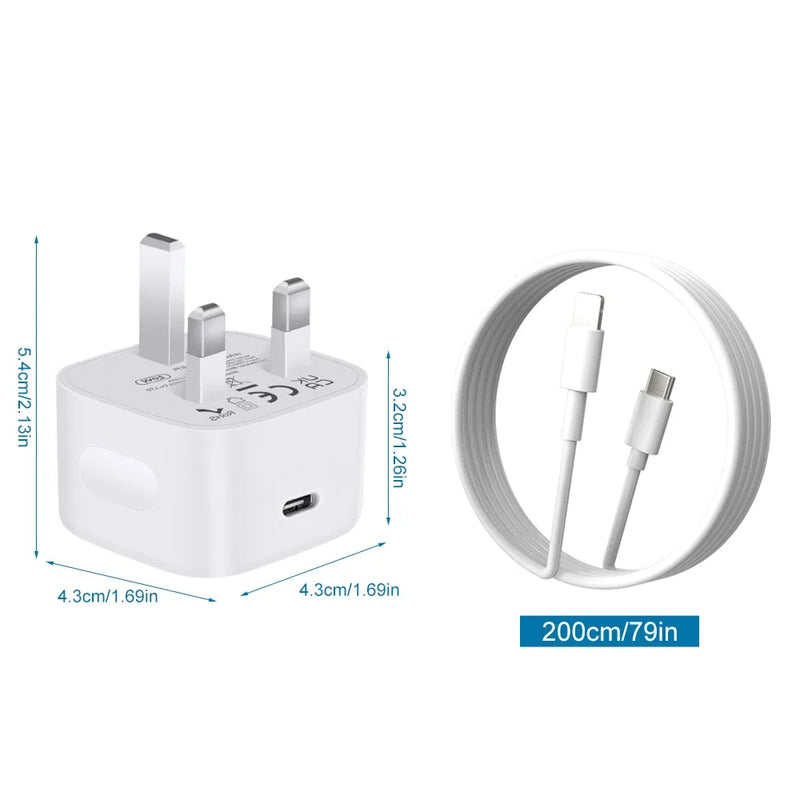 20W USB Fast Charger Power Adapter Plug & Long Lightning Cable for Apple iPhone – Quick Charging Data Cable