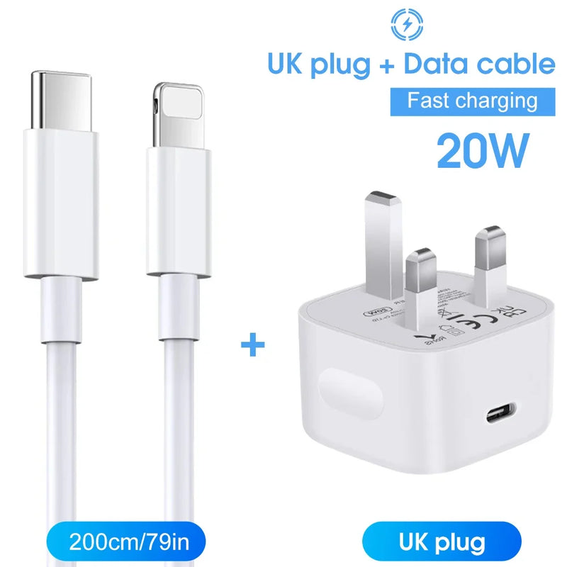 20W USB Fast Charger Power Adapter Plug & Long Lightning Cable for Apple iPhone – Quick Charging Data Cable