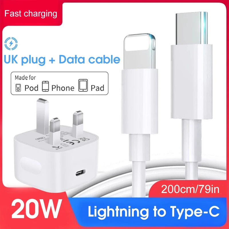 20W USB Fast Charger Power Adapter Plug & Long Lightning Cable for Apple iPhone – Quick Charging Data Cable