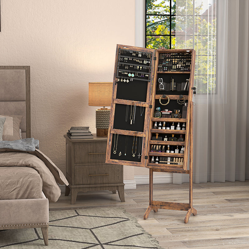 HOMCOM Mirrored Jewellery Cabinet W/ LED Light Lockable Jewellery Rustic Brown