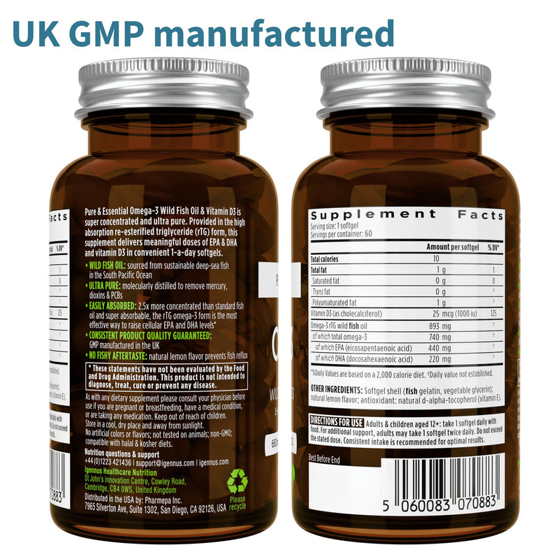 Igennus Advanced rTG Omega-3 IFOS Wild Fish Oil + Vitamin D3, 360 Softgels
