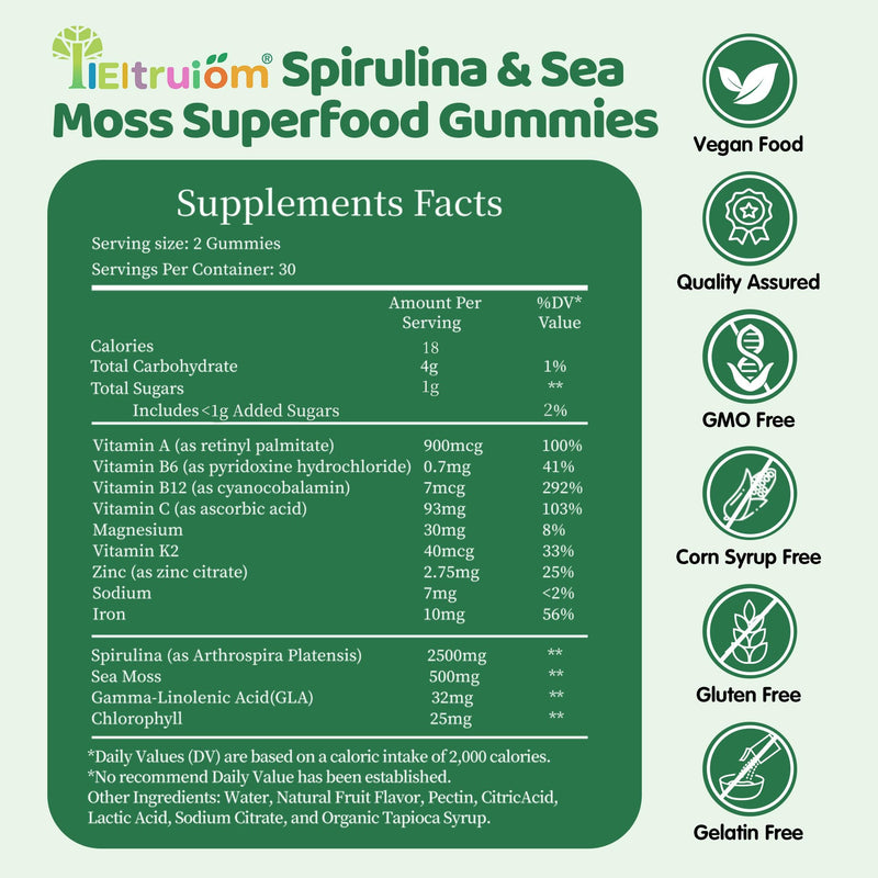 IIEltruiom Spirulina Gummies - Organic 2500mg Spirulina | Vegan, Non-GMO, Gluten Free, 120 Gummies