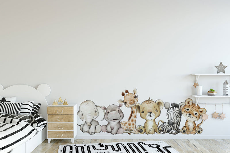 Baby Safari Animals Wall Decals | Giraffe, Lion & Elephant, Set of 6 | Nursery Decor