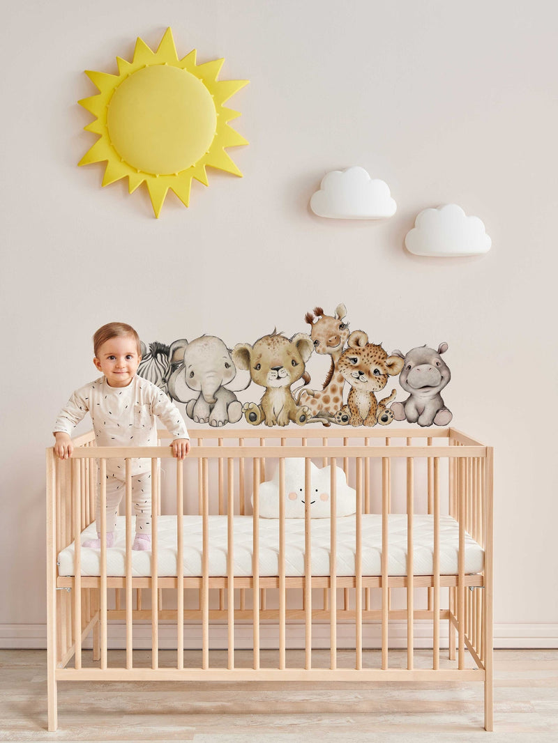 Baby Safari Animals Wall Decals | Giraffe, Lion & Elephant, Set of 6 | Nursery Decor
