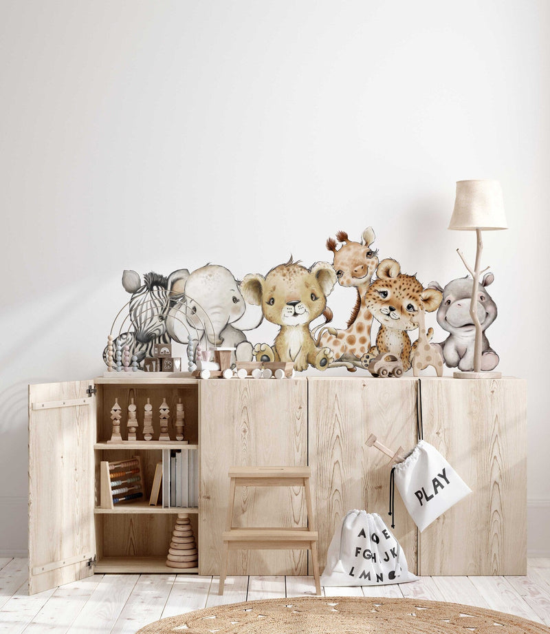 Baby Safari Animals Wall Decals | Giraffe, Lion & Elephant, Set of 6 | Nursery Decor