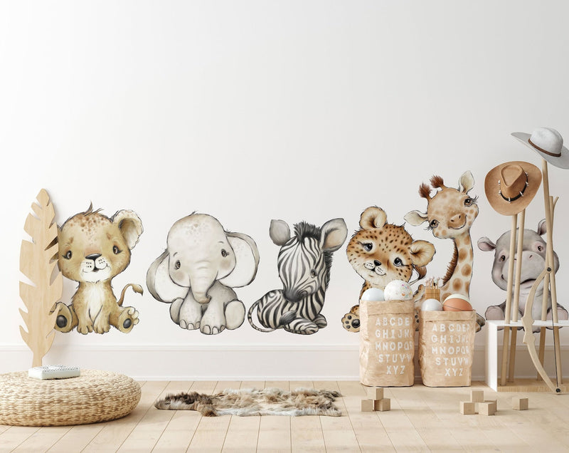 Baby Safari Animals Wall Decals | Giraffe, Lion & Elephant, Set of 6 | Nursery Decor