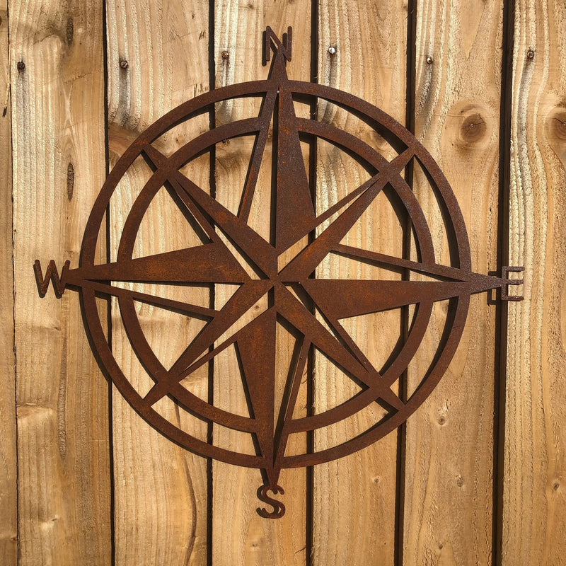 Rusty Compass Garden Decoration , Wall Or Fence Ornament