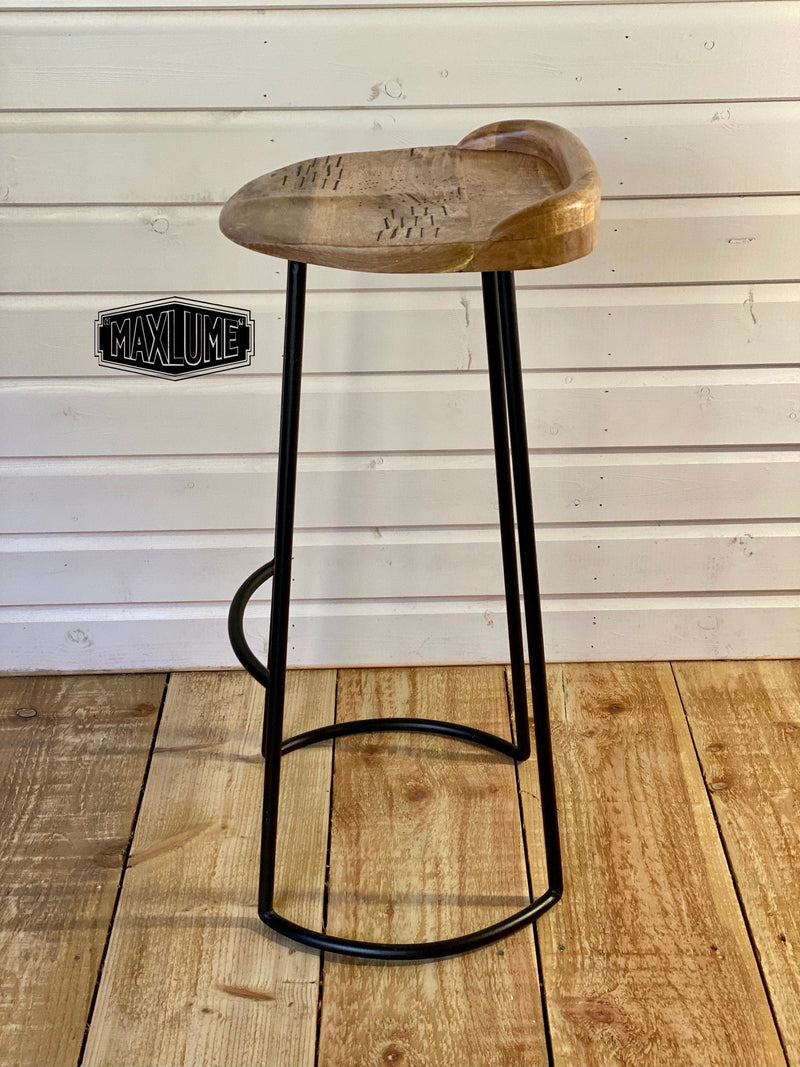 Solid Mango Wooden Top Bar Stool Hand Crafted - Kitchen Black Iron