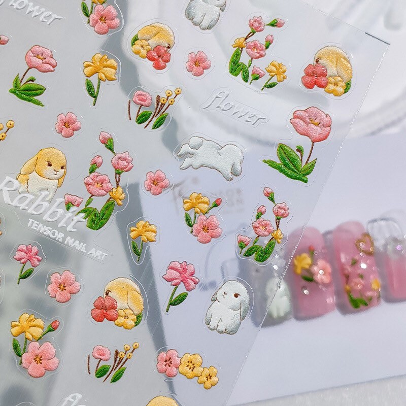 Hello Claws | Pink Rose Bunny Embossed Pattern Design Nail Deco Sticker