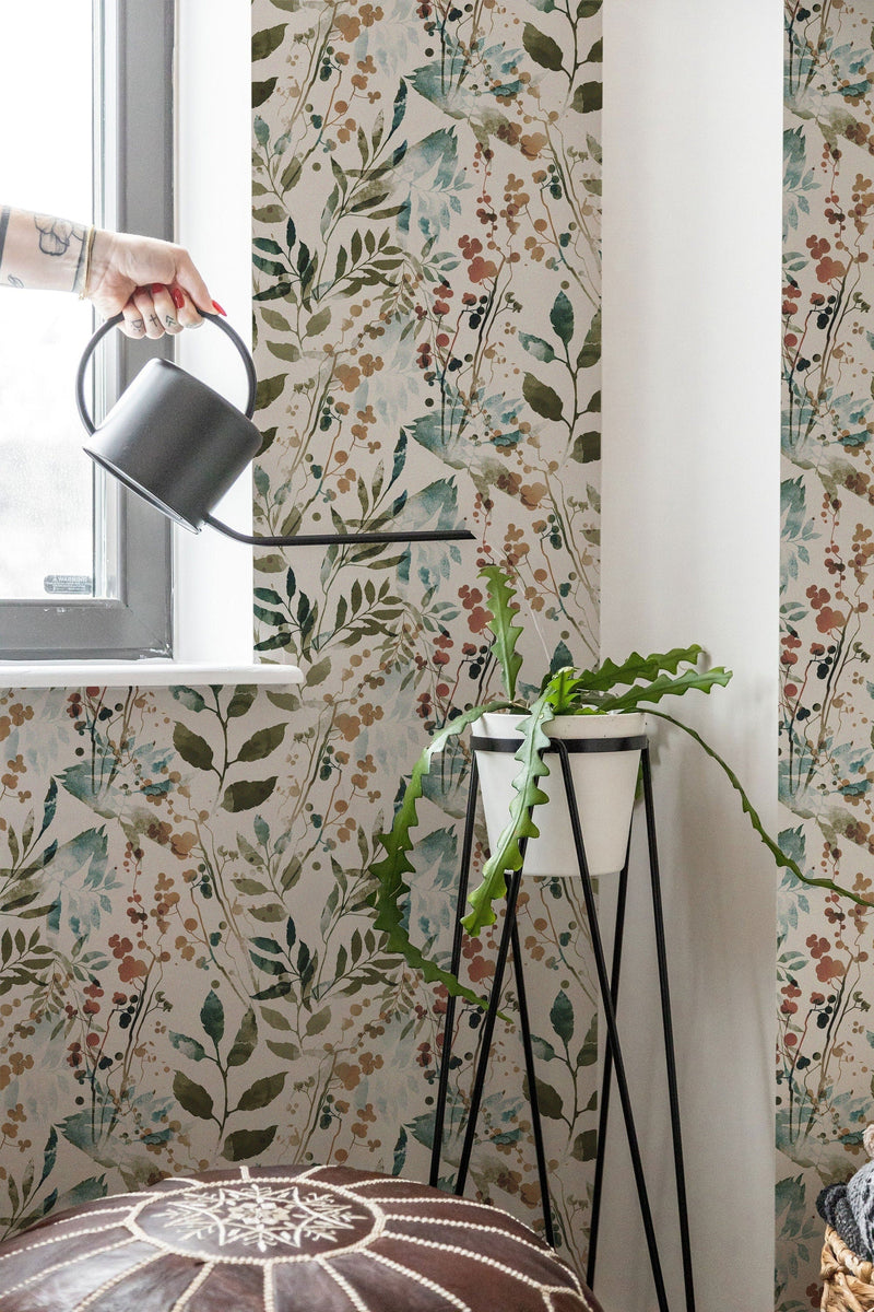 Herb Leaves Watercolour Wallpaper | Peel and Stick or Traditional