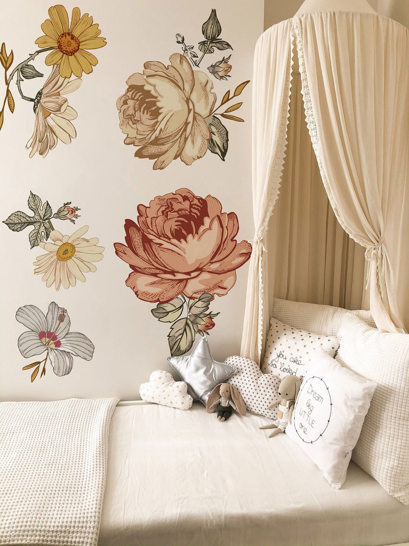 Soft Nursery Floral Wall Decal Wall Sticker for Kids Vintage Peony Flower