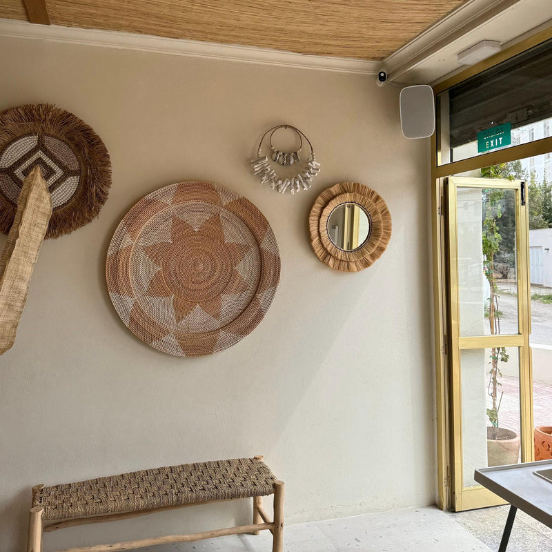 Natural Raffia Coastal Fringe Wall Round Mirror - Boho