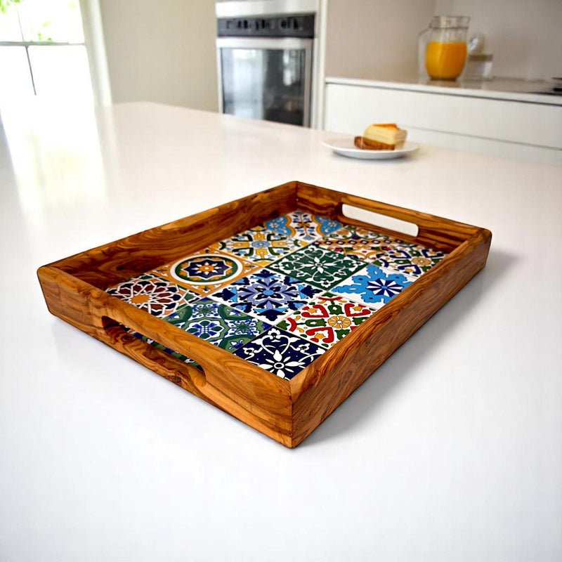 Rectangular Olive Wood Ceramic Tray with Handle