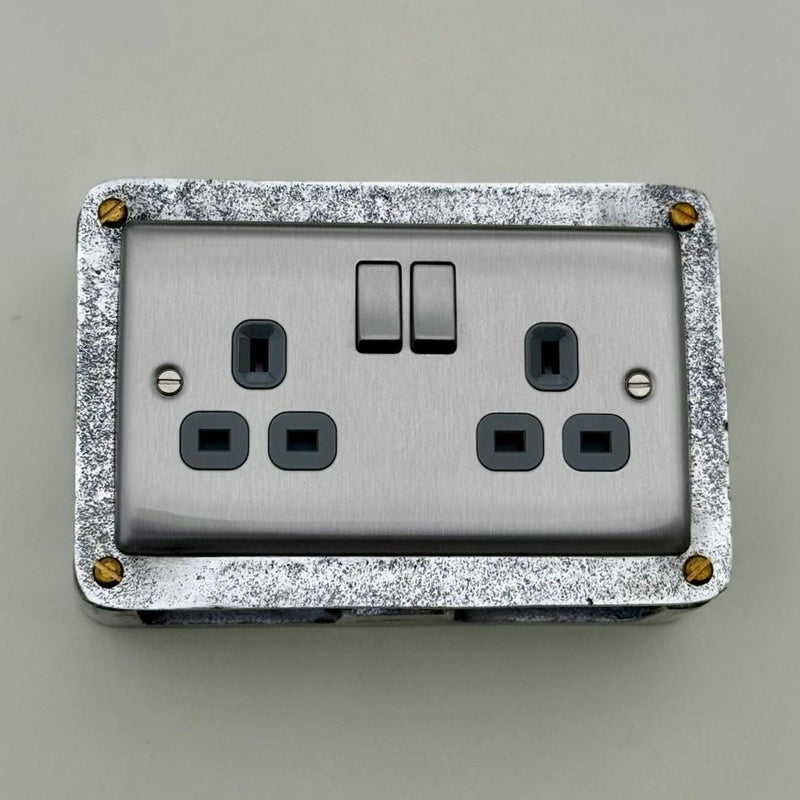 Brushed Steel Double Switched 13A Power Socket Grey Insert 230V 2 Gang 2G Socket Cast Metal Conduit Industrial