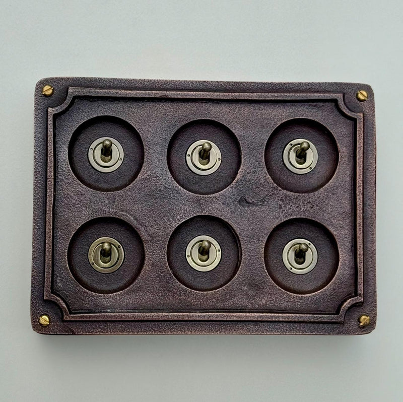 6 Gang 2 Way Antique Copper Solid Cast Metal Conduit Light Switch Industrial - BS EN Vintage Crabtree 1950’s Style