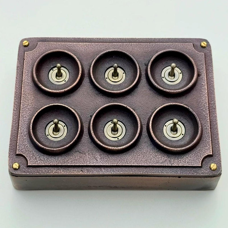 6 Gang 2 Way Antique Copper Solid Cast Metal Conduit Light Switch Industrial - Vintage Crabtree Style