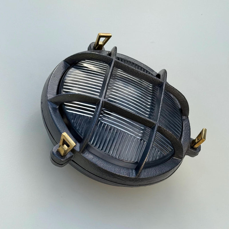 Wroxham ~ Cast Pewter Caged Nautical Bulkhead Wall Light Industrial Ceiling Fixture