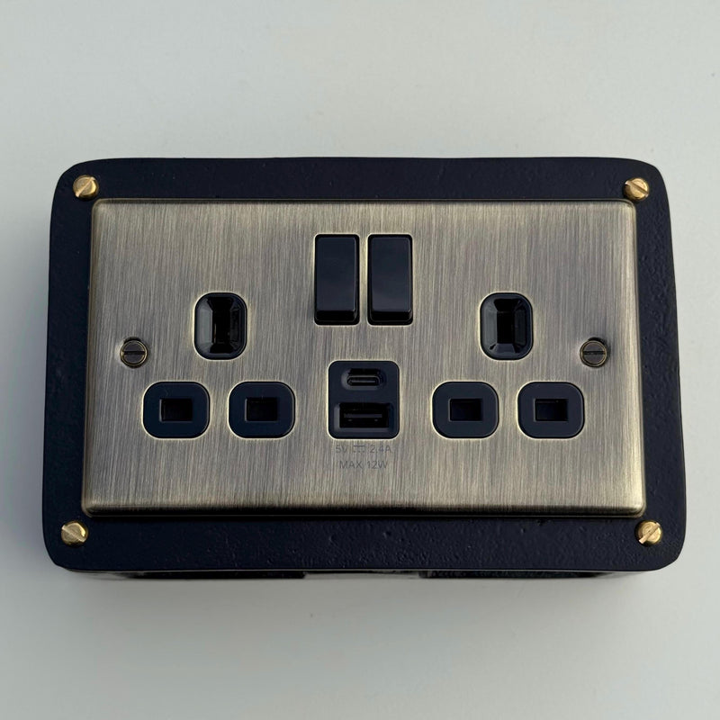 Antique Brass Double Gang Plug Socket with Industrial Black Cast Back Conduit Box