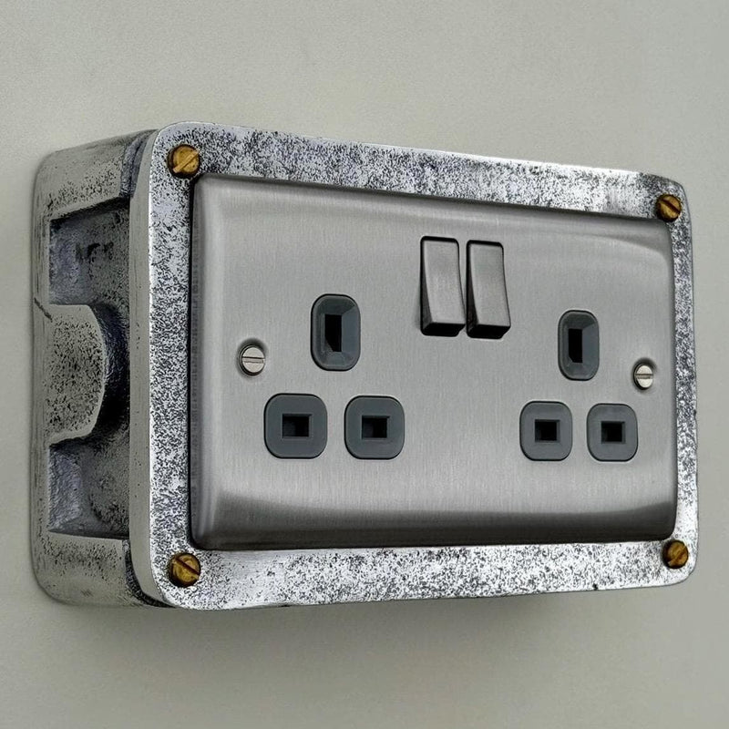 Brushed Steel Double Switched 13A Power Socket Grey Insert 230V 2 Gang 2G Socket Cast Metal Conduit Industrial