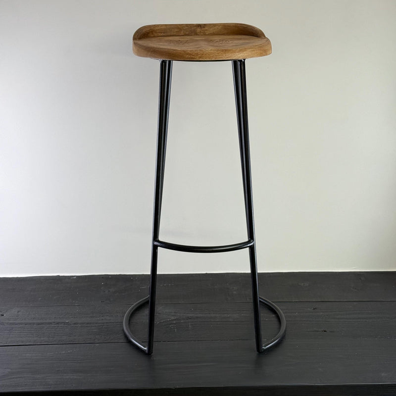 Solid Mango Wooden Top Bar Stool Hand Crafted - Kitchen Black Iron