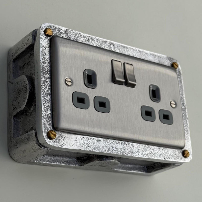 Brushed Steel Double Switched 13A Power Socket Grey Insert 230V 2 Gang 2G Socket Cast Metal Conduit Industrial