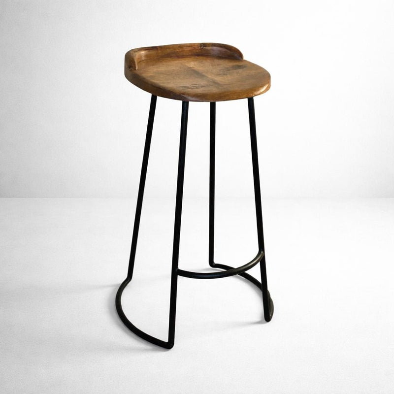 Solid Mango Wooden Top Bar Stool Hand Crafted - Kitchen Black Iron
