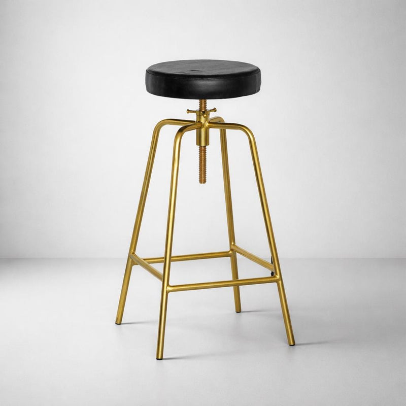 Brass Bar Adjustable Stool Black Leather Top Seat | Vintage Industrial Style
