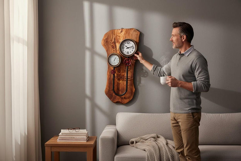 Industrial Steampunk Olive Wood Wall Clock | Luxury Live Edge Weather Station Decor