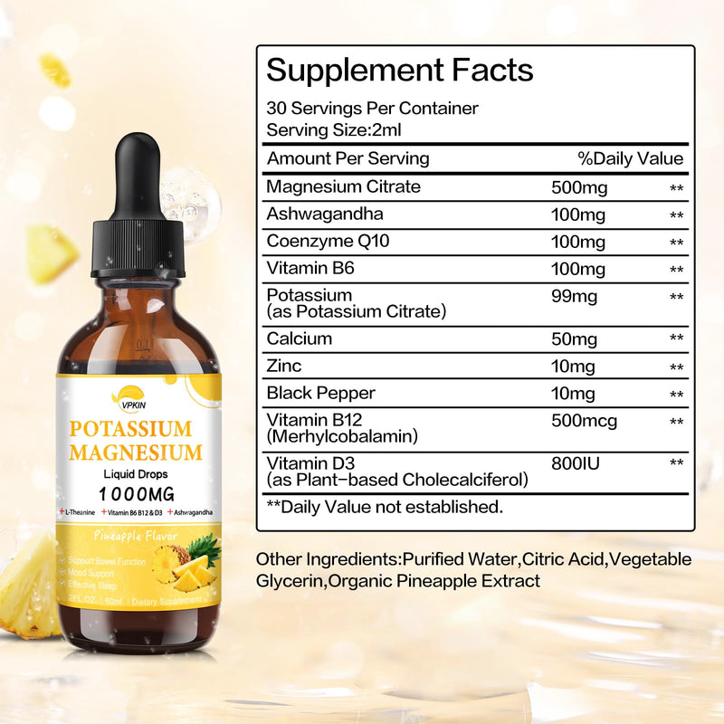 Potassium Magnesium Citrate Liquid Drops – Pineapple Flavor, 2 fl oz, 1000mg Mg