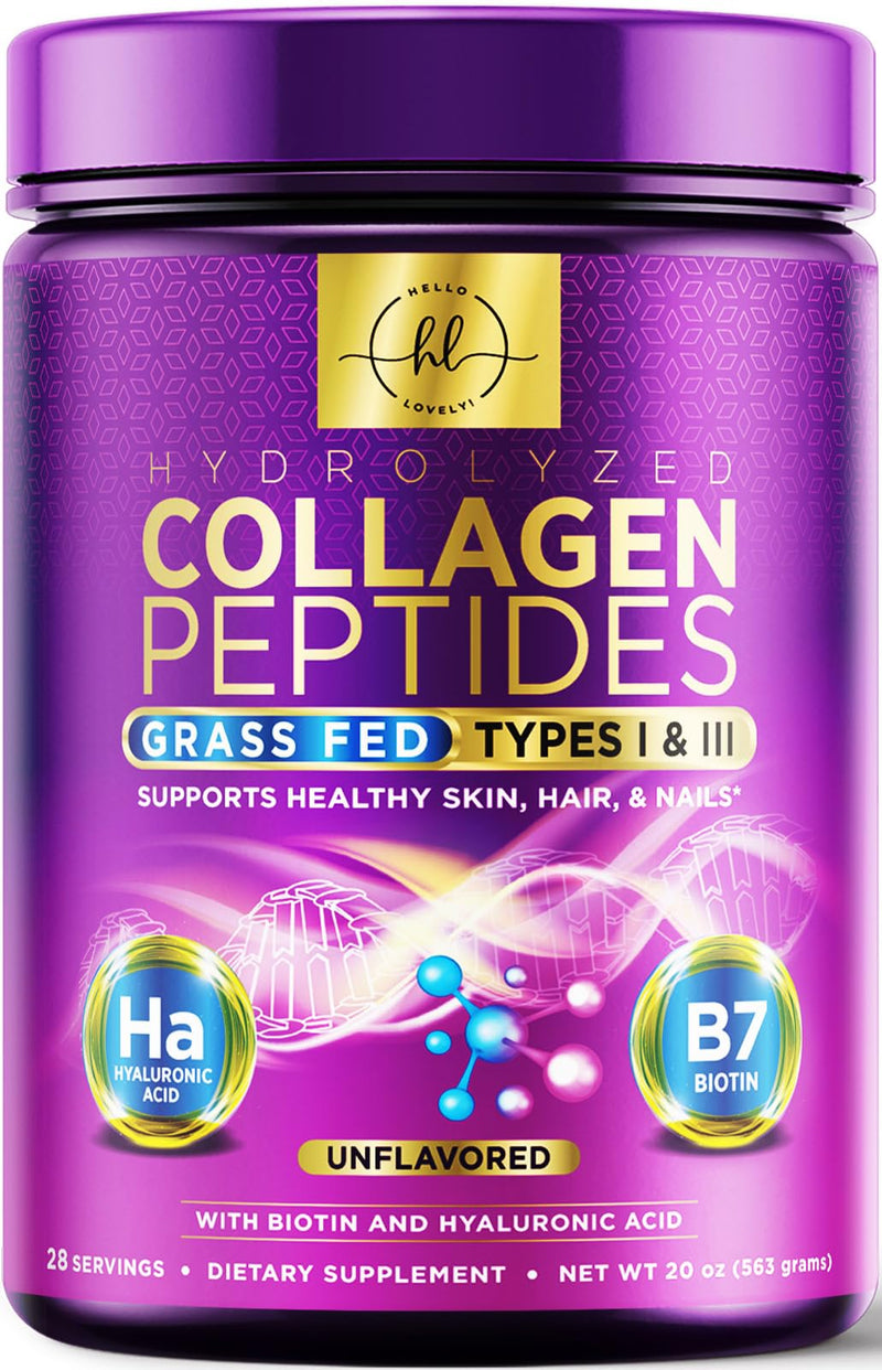 Collagen Peptides Powder 20g Unflavored – Grass-Fed Type I & III, Hyaluronic Acid & Biotin | 28 Servings