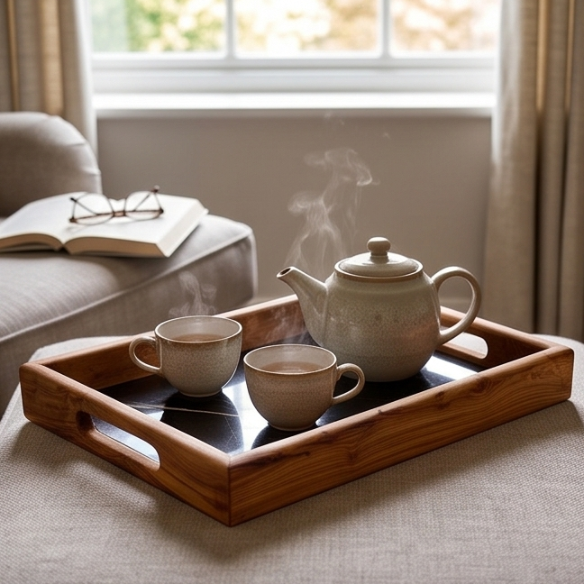 Rectangular Olive Wood Ceramic Tray with Handle