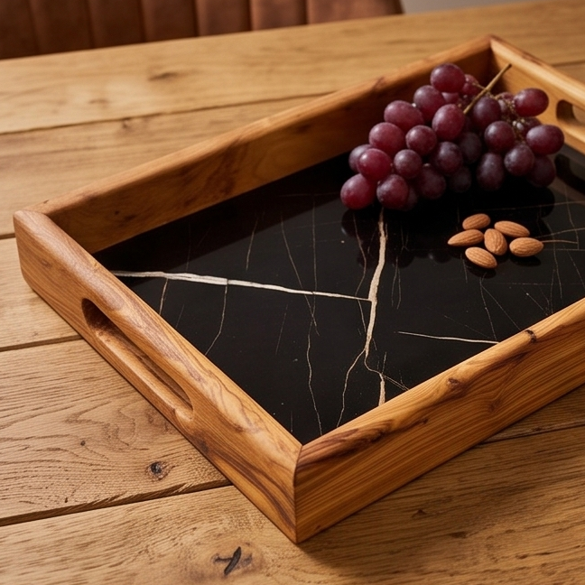 Rectangular Olive Wood Ceramic Tray with Handle