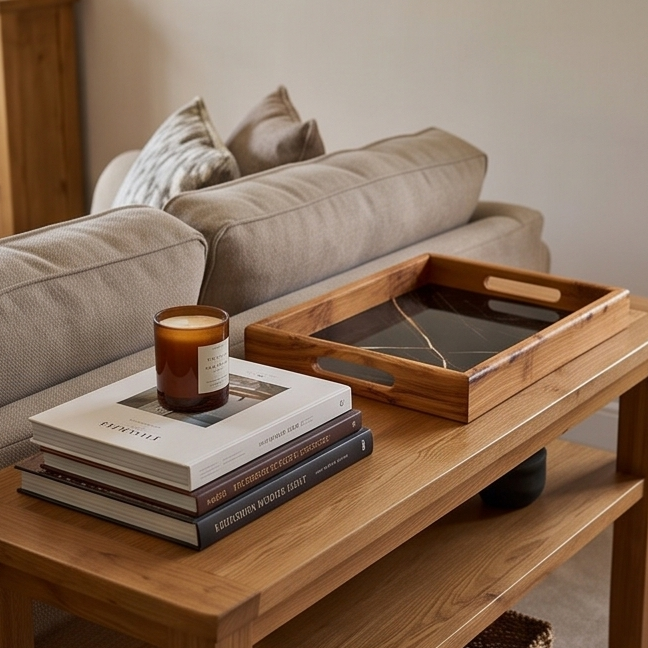 Rectangular Olive Wood Ceramic Tray with Handle