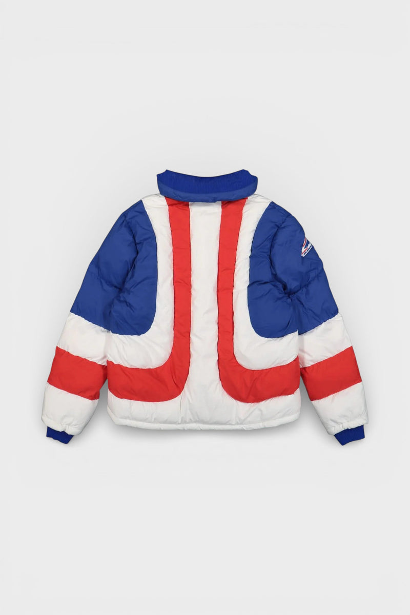 Curve Panel Puffer Jacket Red White Blue