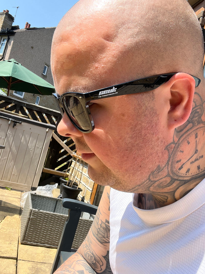 CEUK Branded Sunglasses – Black Frame with White Logo