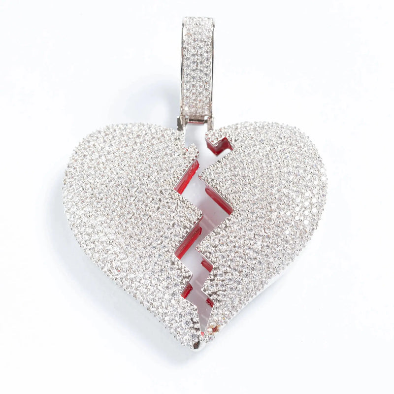 Iced Broken Heart Pendant - Silver
