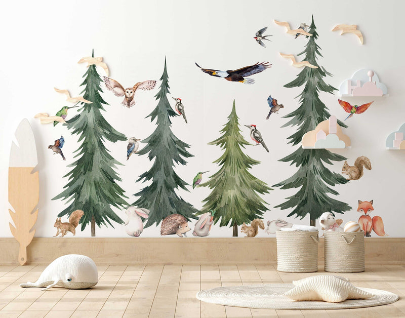 Large Forest Tree Wall Decals | Watercolour Pines, Owls & Birds | Nursery Decor