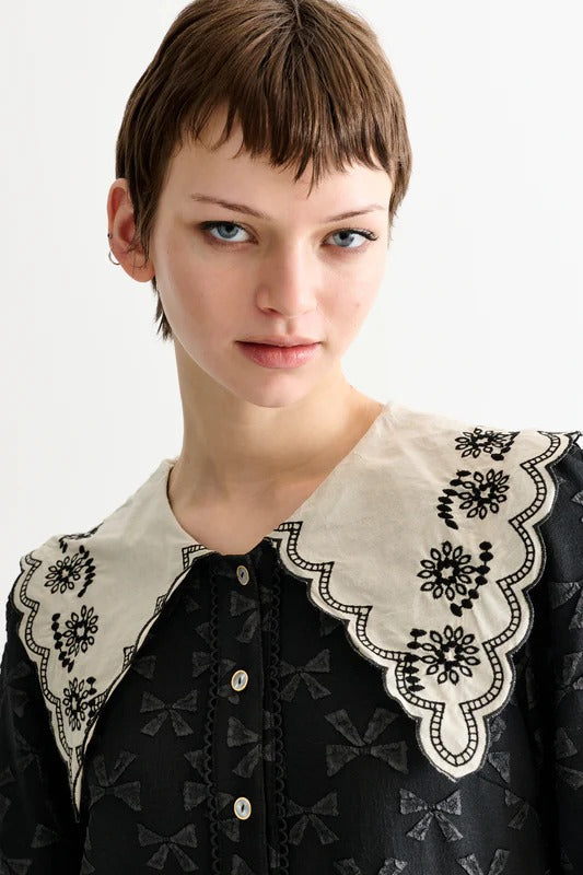 Iris Bow Black Jacquard White Embroidered Collar Midi Dress