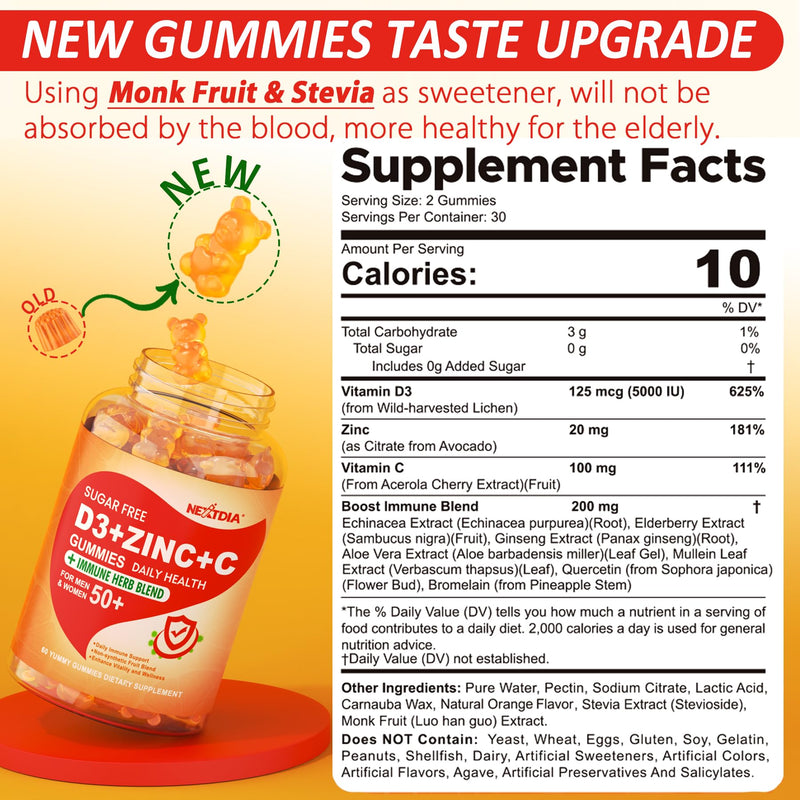 Sugar Free Vitamin C + D3 + Zinc Gummies for Adults 50+ | 9-in-1 Immune Defense (Vegan, Pack of 2)