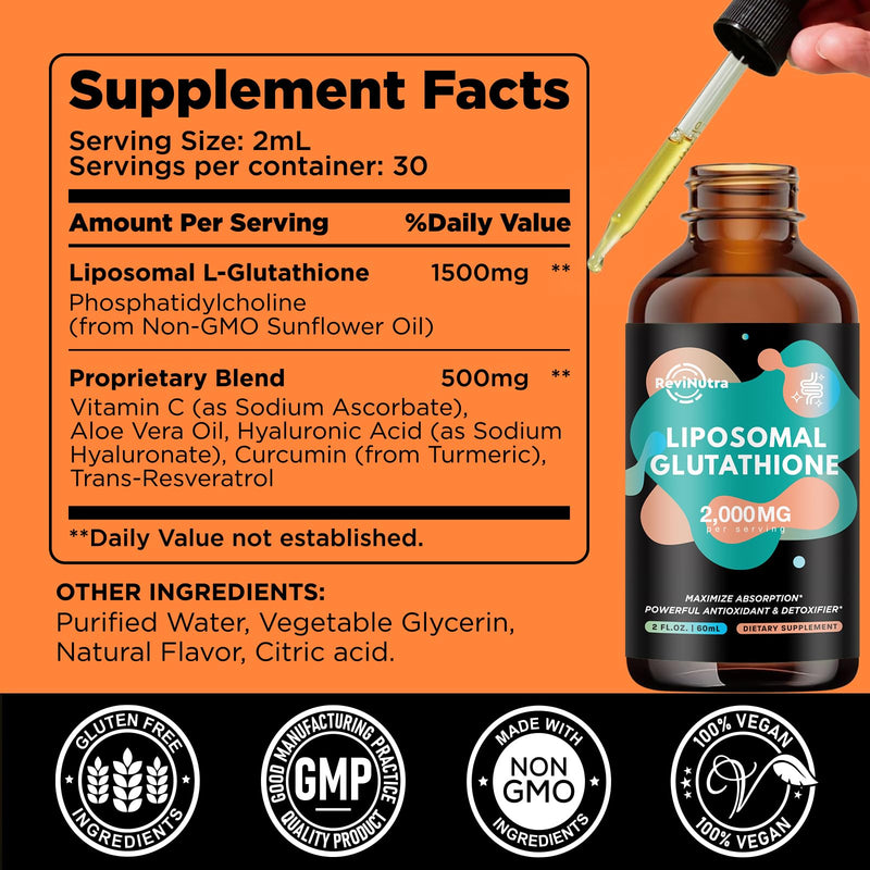 2 Pack Liposomal Glutathione - 2000mg Liquid Drops with Vitamin C, Curcumin & Trans-Resveratrol