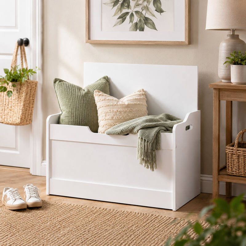 White Wooden Storage Box with Bench